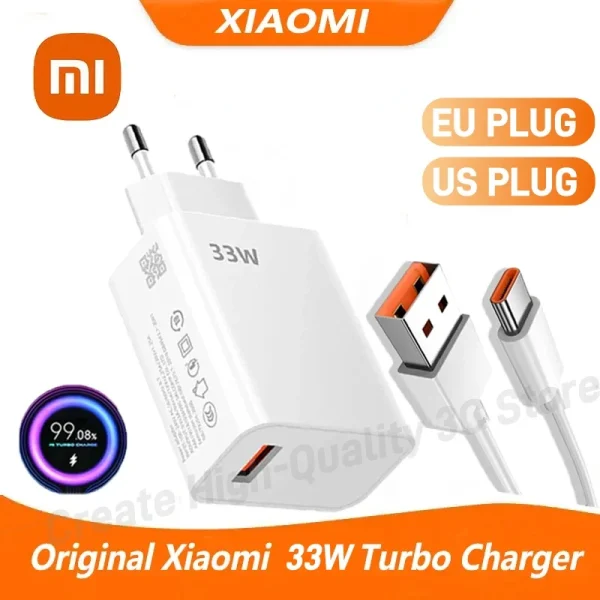 Xiaomi 33W Fast Charger QC 3.0 USB Type C Cable 6A Quick Charging Turbo Charge Mobile Phone Charger Adapter For Samsung or Xiaomi