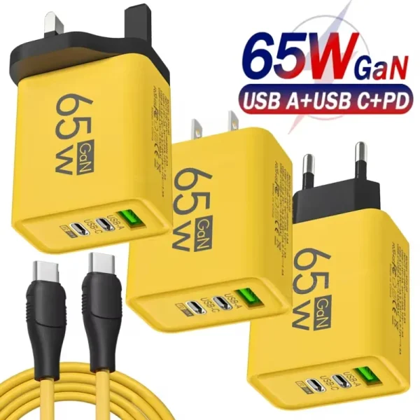 65W High-speed GaN Mobile Phone Chargers QC3.0 3 Ports USB Type C PD Phone Charger Adapter Type C Data Cables Set EU/US/UK