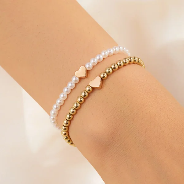 Double Layer Minimalist Love Heart Gold Color Imitation Pearl Beaded Bracelets For Women Men Retro Cross Star Bangles Jewelry