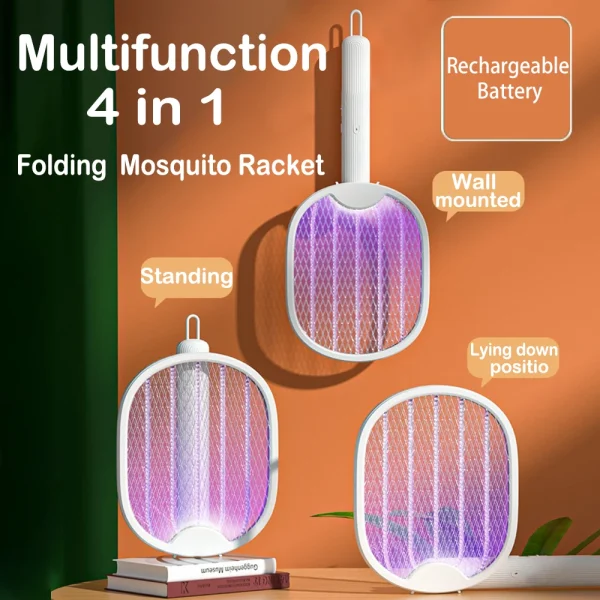 4 IN 1 Electric Mosquito Killer 3000V USB Rechargeable Fly Trap Mosquito Swatter Racket Insect Killer With UV Light Bug Zapper